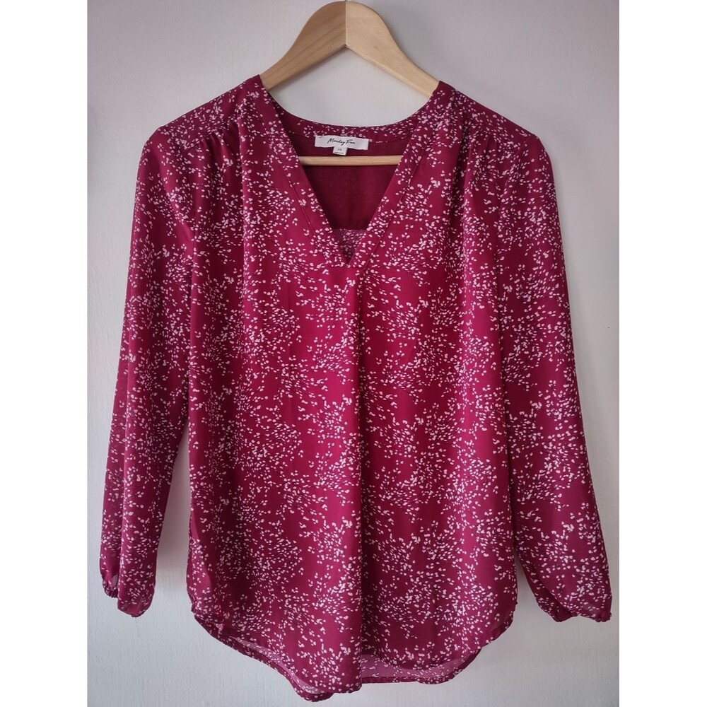 Career Blouse Monday Fun Burgundy Floral Women’s XS Long Sleeve